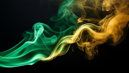 Fototapeta premium Mystical Green and Gold Smoke on Black Background,Elegant Smoke Swirls: Green and Gold Against Dark Canvas