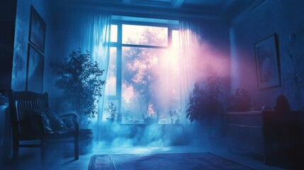 Naklejka premium A serene room illuminated by colorful light and mist, creating a tranquil atmosphere.
