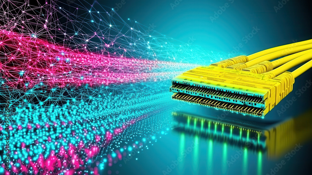 Poster network configuration scene featuring yellow cables and vibrant data flow, illustrating connectivity