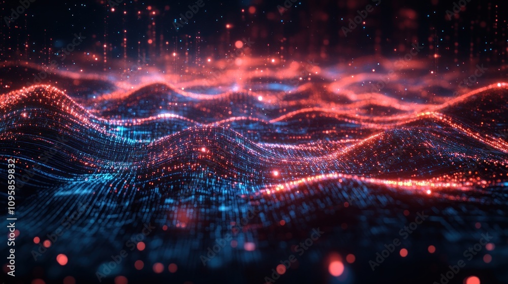 Poster abstract digital waves in red and blue, representing data flow and technology.
