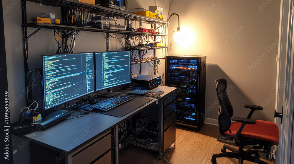 Aufkleber modern network setup featuring dual monitors, server rack, and organized cables. workspace is illumi