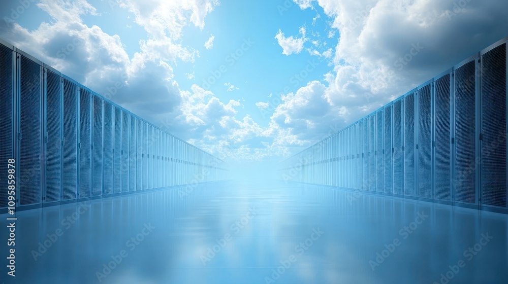 Aufkleber a futuristic data center with rows of servers under a bright sky.