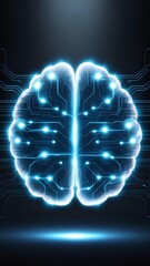 A blue illuminated brain with neurons in a digital world illustrating artificial intelligence. Digital signal passing through neurons. Dark background