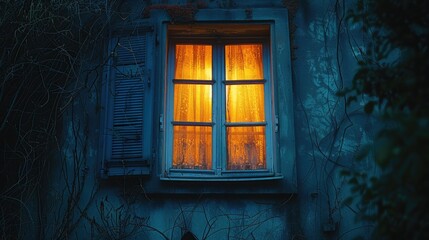 A lit window on an old house at night.