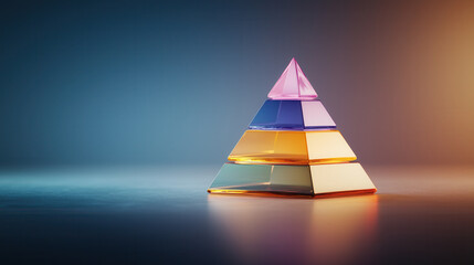 colorful pyramid chart with four transparent levels, showcasing vibrant hues of purple, blue, orange, and yellow. This visually appealing design represents data hierarchy and structure