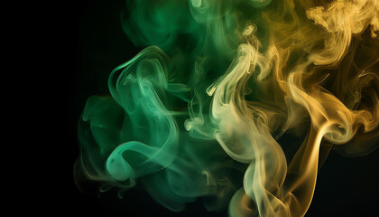 Fototapeta premium Mystical Green and Gold Smoke on Black Background,Elegant Smoke Swirls: Green and Gold Against Dark Canvas