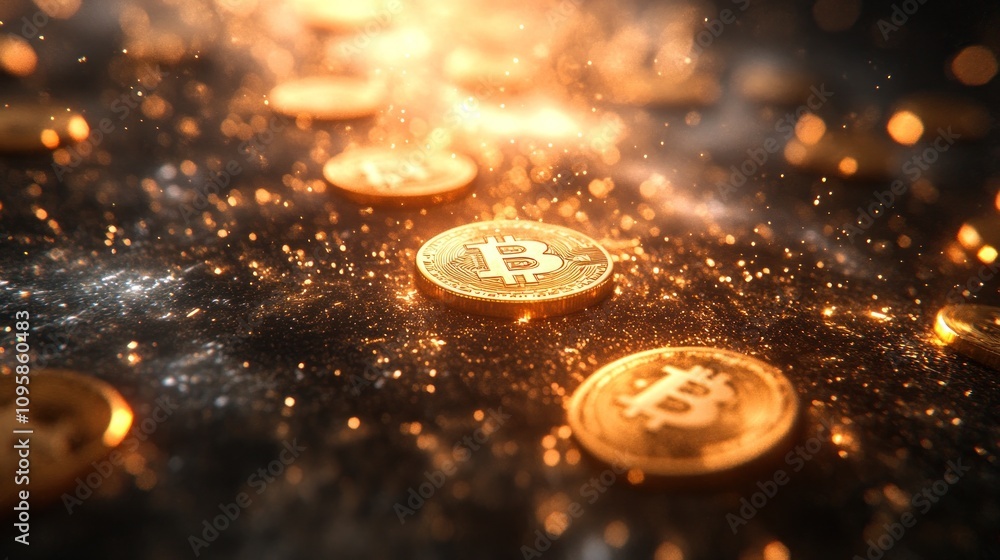Poster glimmering bitcoin coins scattered with a sparkly background.