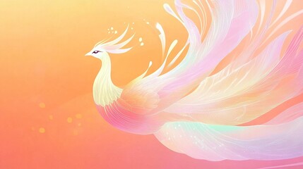 Obraz premium A pink and white phoenix bird with a long tail in a soft orange background.