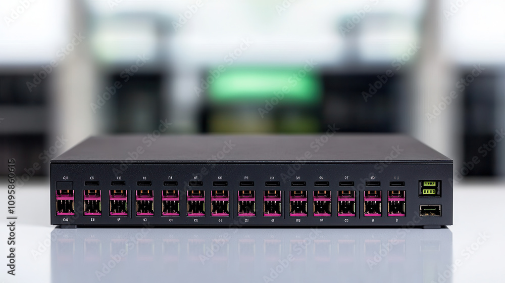 Poster reflective shot of network switch with multiple ports and led indicators, showcasing its sleek desig