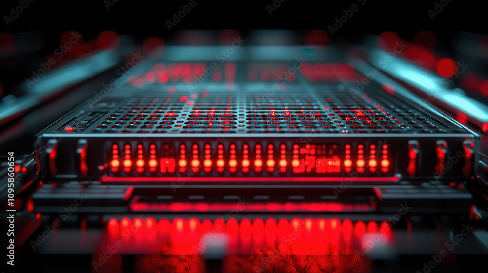 Poster close up view of high tech server with glowing red lights, showcasing intricate details and modern d