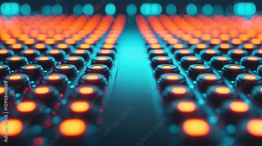 Poster Close up view of illuminated buttons in vibrant colors, creating mesmerizing pattern. glowing orange and blue lights enhance modern aesthetic