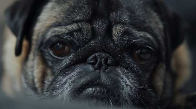 A close up of a grumpy pug with a depressing expression on his face