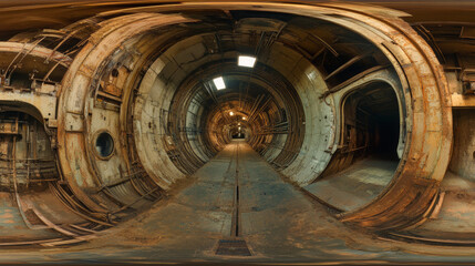 360 degree panorama view.A 3D image shows a dark, futuristic tunnel.  It's a complete, circular view of a hangar-like hallway.