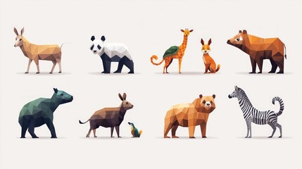 Obraz premium Low-poly illustrations of diverse animals deer, panda, giraffe, fox, bear, tapir, okapi, kangaroo, bear, zebra.