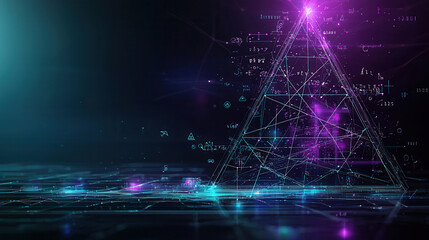futuristic pyramid with algebraic symbols and glowing lines, representing advanced mathematics and technology. vibrant colors create dynamic atmosphere