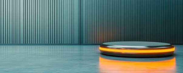 A sleek, futuristic platform with an illuminated orange edge sits on a reflective, smooth surface against a textured green wall.