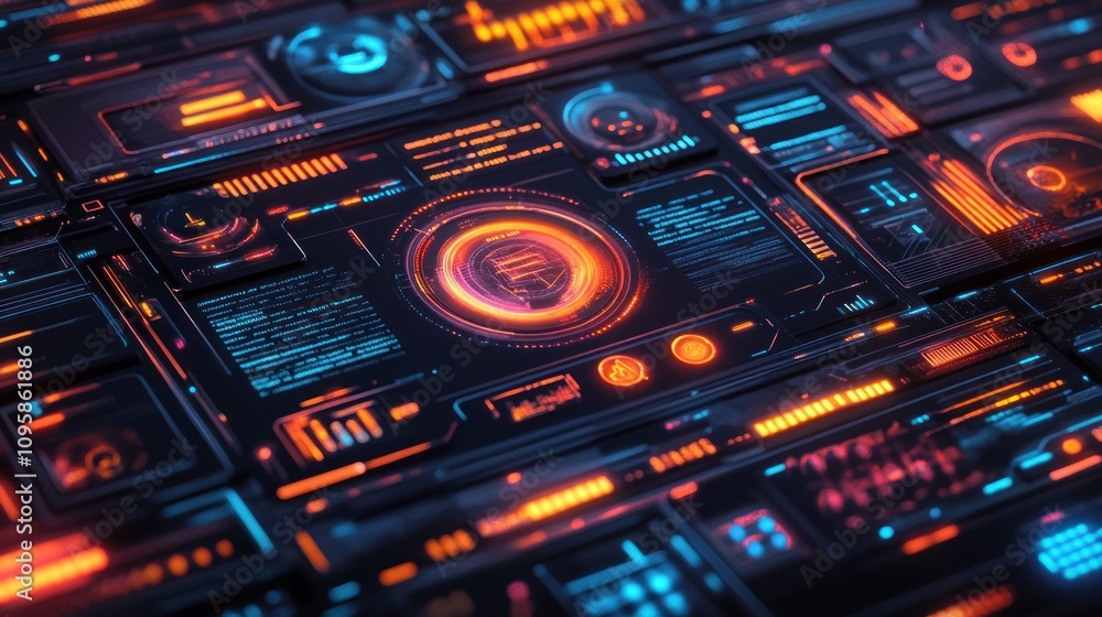 Aufkleber futuristic digital interface with glowing elements and data displays.