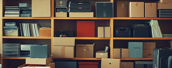 A cluttered shelf filled with various boxes and storage items for organization.