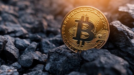 A gold Bitcoin resting on dark, textured rocks, symbolizing cryptocurrency and finance.