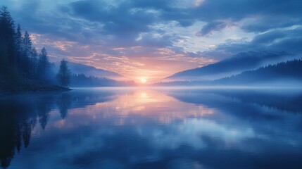 Obraz premium Serene lake at sunrise, with mist and mountains reflecting in calm waters.