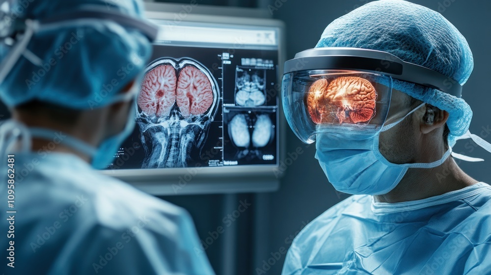 Poster surgeons using advanced technology to analyze brain scans during a medical procedure.