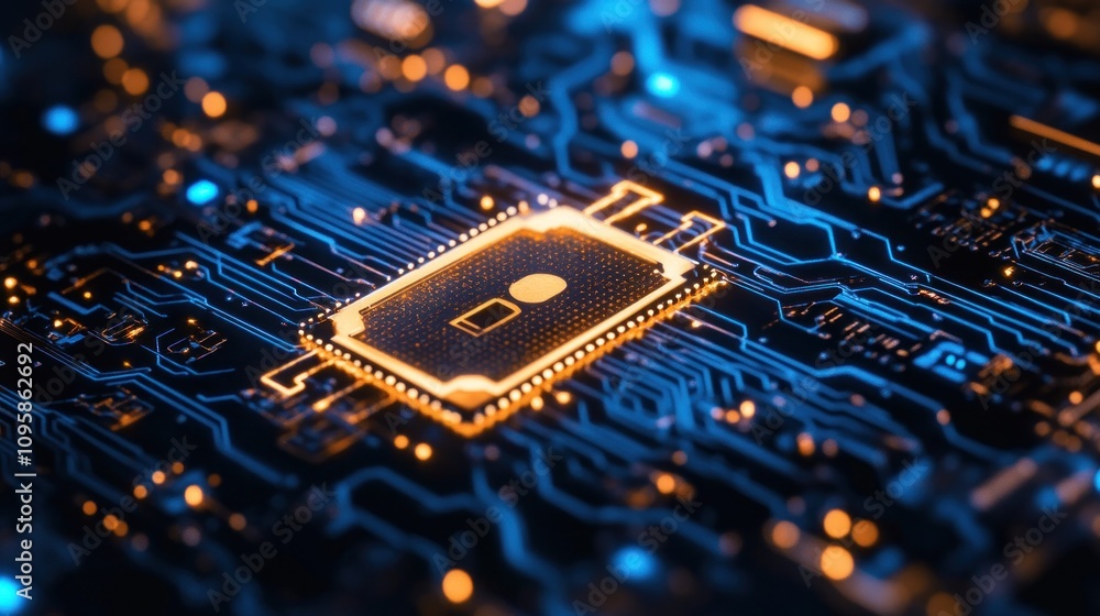 Poster close-up of a microchip on a circuit board, showcasing technology and innovation.