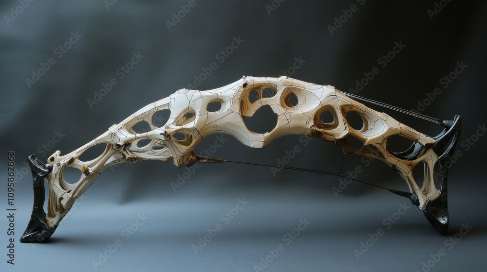 Poster a skeletal structure resembling a bow, showcasing intricate design and engineering.