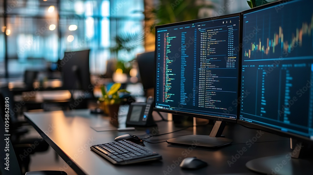 Poster a modern workspace featuring dual monitors displaying code and data analysis.