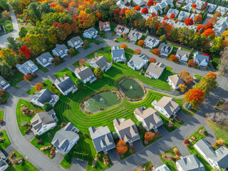 aerial drone view of neighborhood street with single family homes