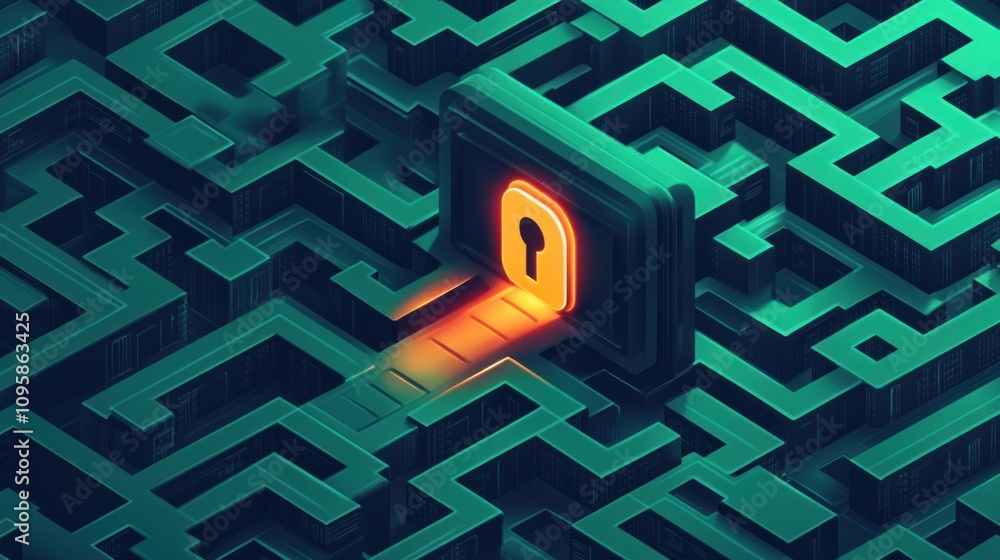 Poster a digital maze with a glowing lock symbolizing security and access.