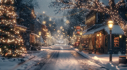 A street view of a snowy Christmas town. the cozy charm of the town blanketed in snow, with warmly...