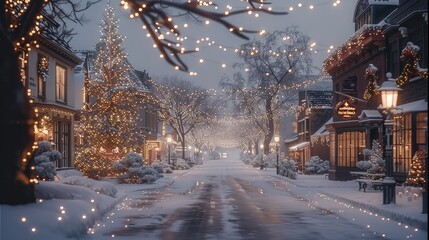 A street view of a snowy Christmas town. the cozy charm of the town blanketed in snow, with warmly lit Christmas trees and bright, glowing holiday lights decorating every corner.