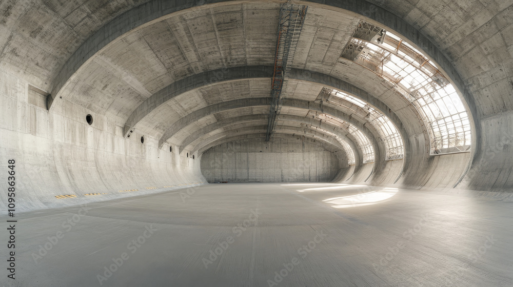 Poster 360 degree panorama view.a high-resolution, 3d image shows a concrete hangar. it's a panoramic view,