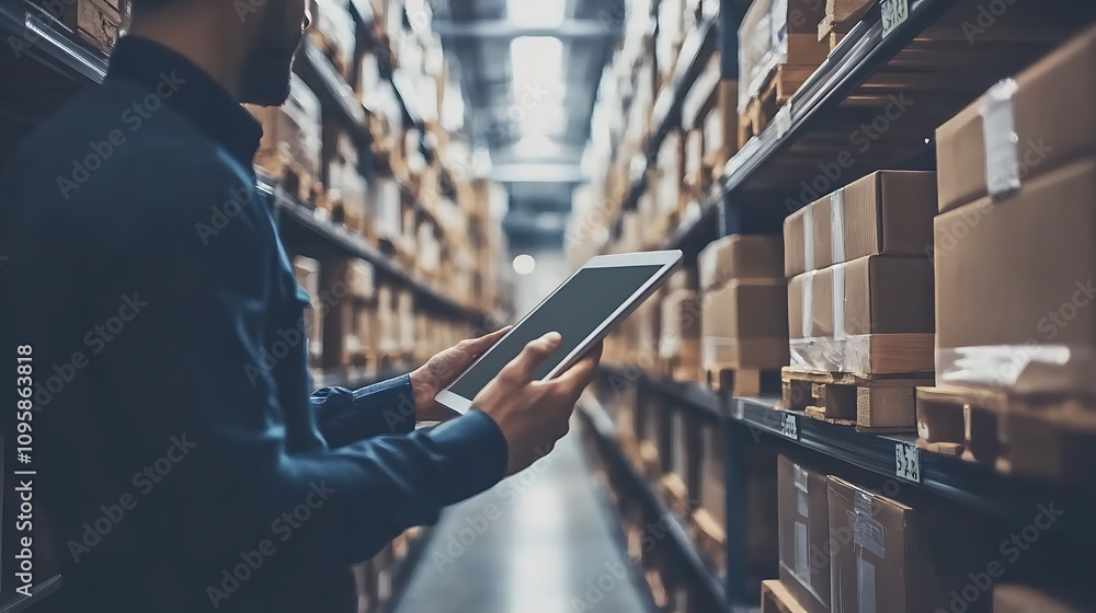 Poster a person using a tablet in a warehouse filled with stacked boxes.