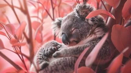 Obraz premium A little koala relaxing against a pink background