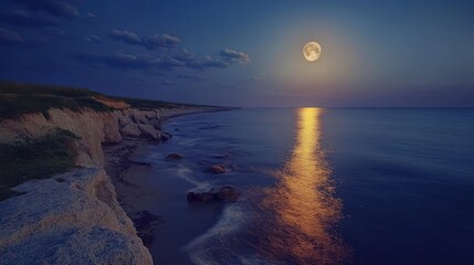 Fototapeta premium A serene coastal landscape under a full moon reflecting on calm waters.