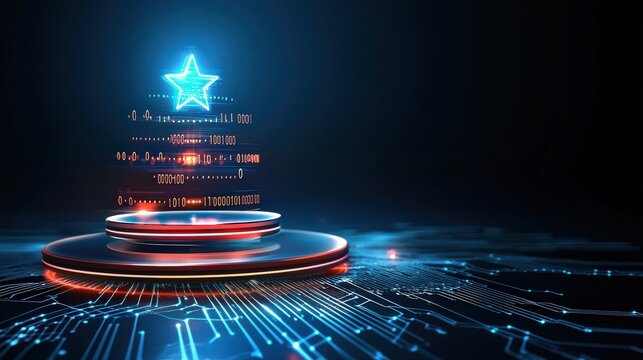 A futuristic blue digital data backdrop  and Christmas motifs like a shining star and festive glow.