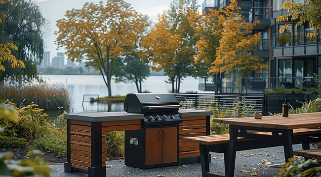 A small condo community bbq space that is surrounded by simple planting. With gavel base and a view of the lake. Small movable bbq with movable seating.