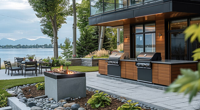A small condo community bbq space that is surrounded by simple planting. With gavel base and a view of the lake. Small movable bbq with movable seating.