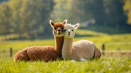 Obraz premium A pair of alpacas cuddle in a rural pasture