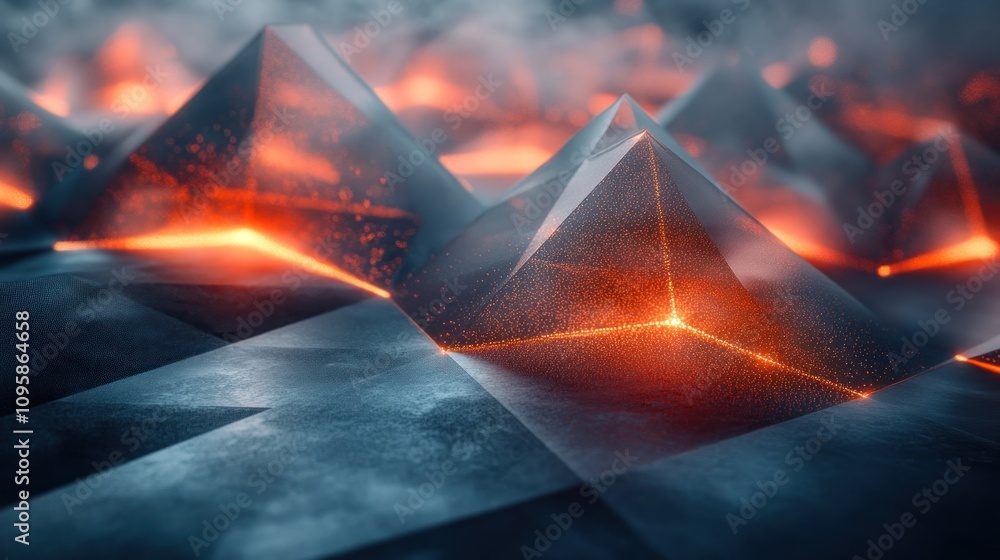 Poster abstract digital landscape with glowing pyramids and a textured surface.