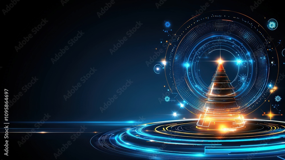 Aufkleber blue tech-inspired christmas background with circular digital patterns and sparkling lights, creatin
