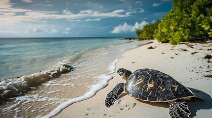A small marine turtle on the sandy shore