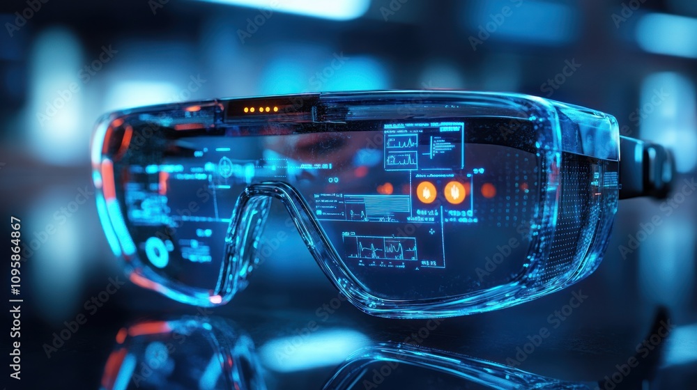 Poster futuristic augmented reality glasses displaying digital information and interfaces.