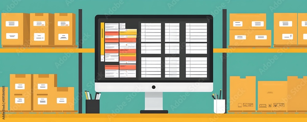 Poster a digital workspace with a computer and organized storage boxes.