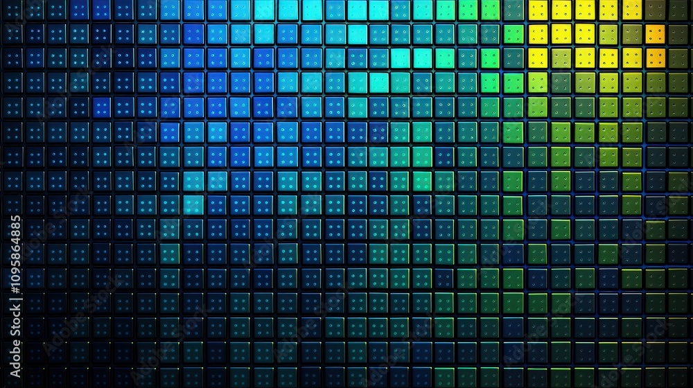Poster digital abstract pattern of blue and green pixels, flowing in a futuristic grid layout, symbolizing 