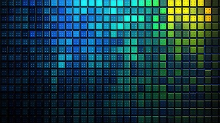 Digital abstract pattern of blue and green pixels, flowing in a futuristic grid layout, symbolizing fintech, business, and technological progress.