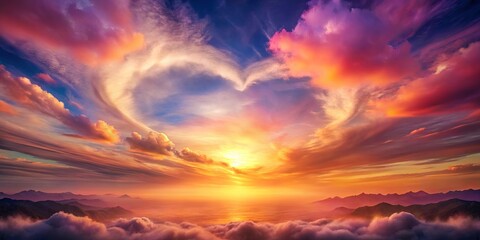Fototapeta premium Serene Sunset Landscape with Heart-Shaped Cloudscape Above Mountains