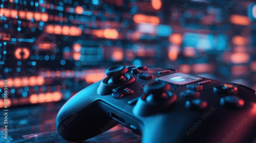 Poster a close-up of a gaming controller with a digital background, emphasizing technology and gaming.