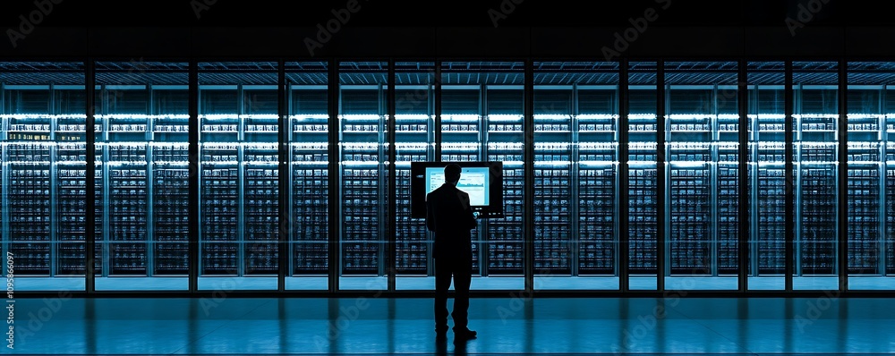 Poster a silhouetted figure interacts with a monitor in a high-tech data center illuminated by blue light.